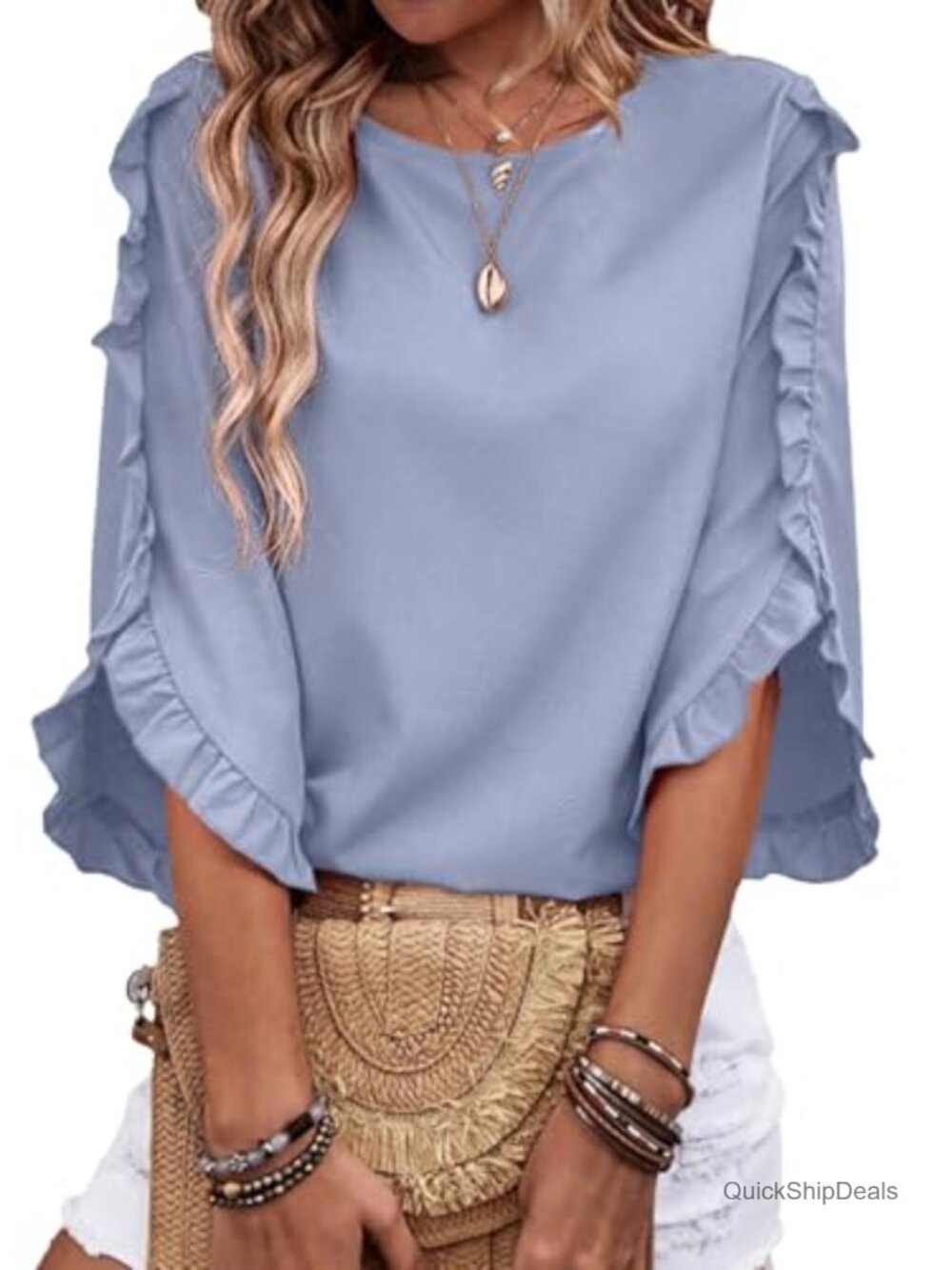 Womens 3/4 Sleeve Ruffle Blouse Dressy Casual Work Top